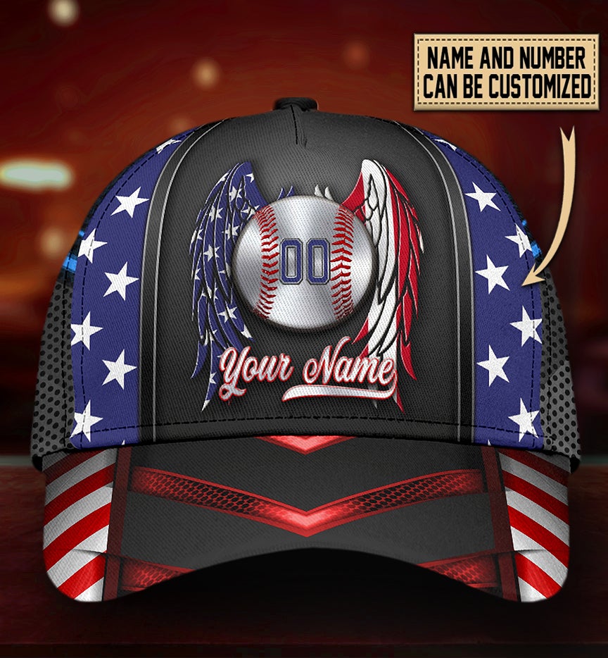 Custom Baseball Wings Flag Personalized Name Number Classic Cap For Parties Vacations And Relaxed Daily Outfits