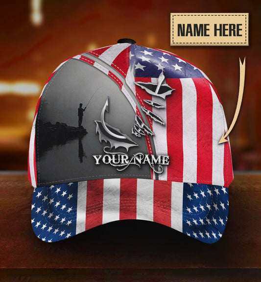 Custom Fishing Hook American Flag Personalized Name Classic Cap For Festivals Holidays And Comfortable Everyday Wear