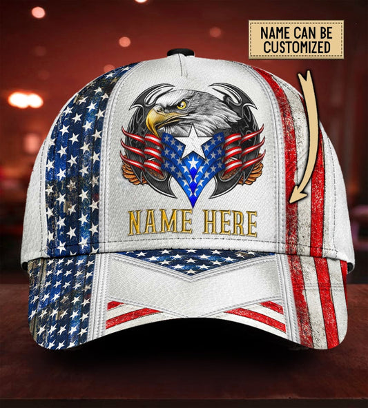 Custom Name Eagle American Flag White Classic Cap For Festivals Holidays And Comfortable Everyday Wear