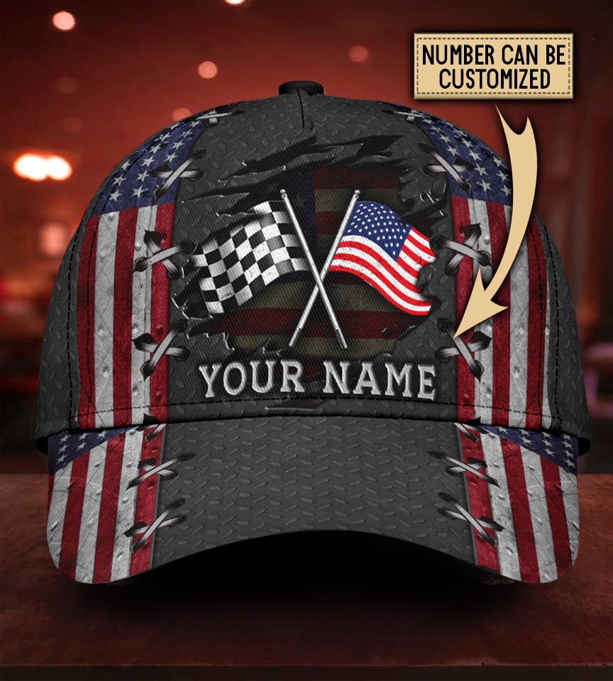 Custom Name Racing American Flag Classic Cap For Comfortable Daily Wear Travel And Weekend Outings