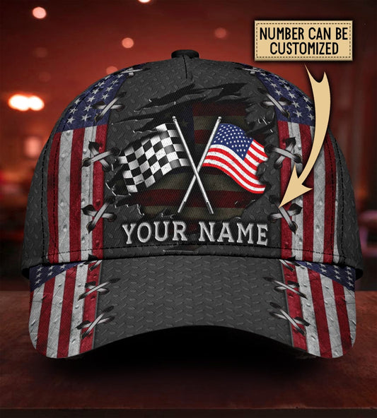 Custom Name Racing American Flag Classic Cap For Comfortable Daily Wear Travel And Weekend Outings