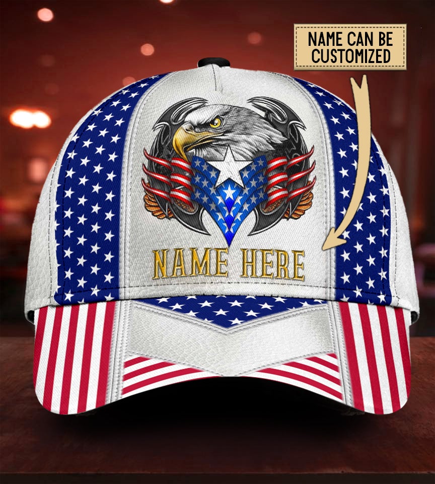 Custom White Eagle American Flag Name Classic Cap For Everyday Wear Vacations And Seasonal Activities