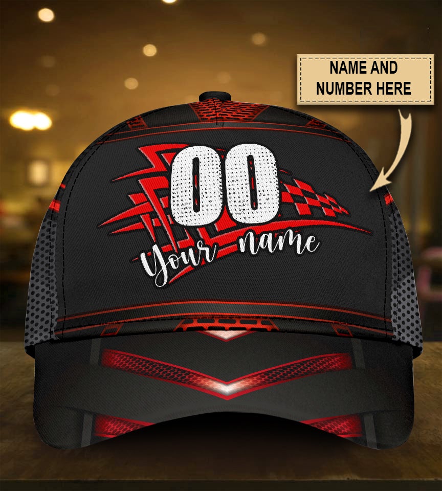 Custom Red Checked Racing Personalized Name Number Classic Cap For Weekend Travel Outdoor Events And Casual Outfits