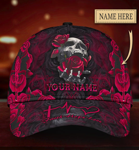 Custom Skull Roses Faith Hope Love Classic Cap For Daily Comfort Outdoor Fun And Weekend Vacations