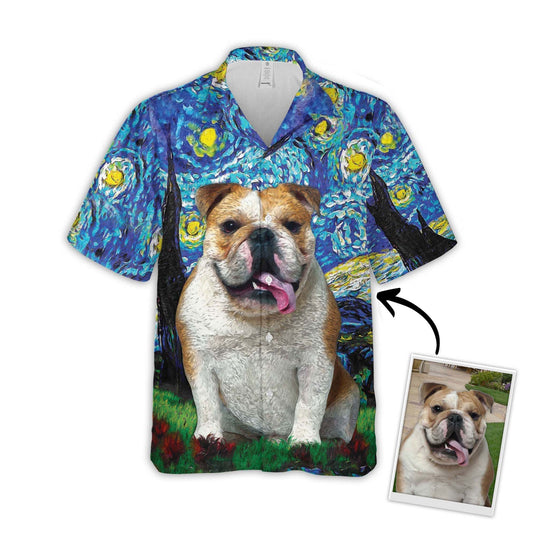 Blue Custom Pet Face Personalized Gift Starry Hawaiian Shirt For Resort Getaways And Comfortable Summer Activities