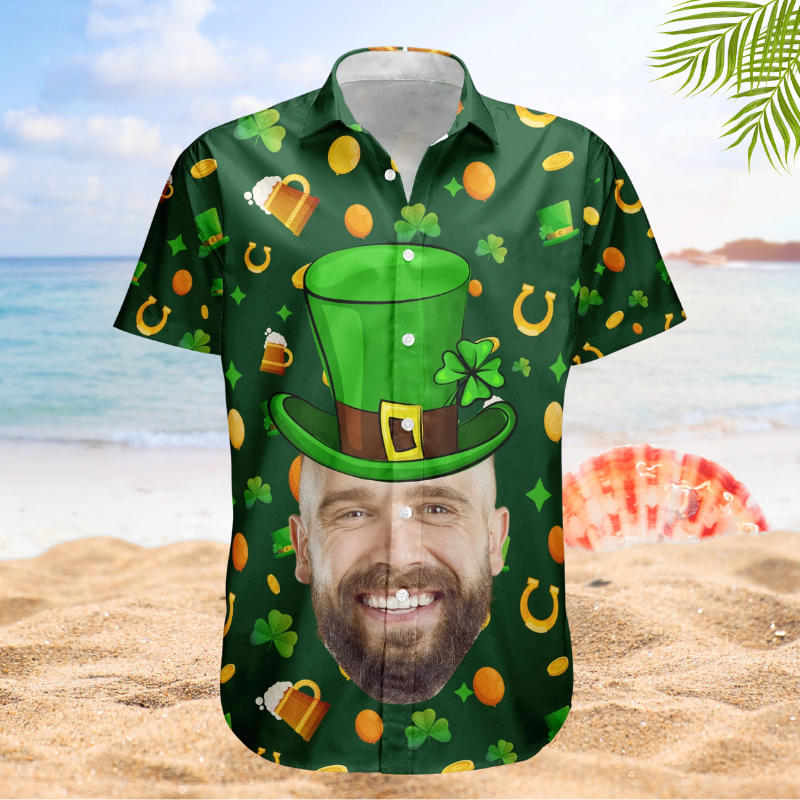Funny Happy Custom Face Photo St Patrick's Hawaiian Shirt For Summer Vacation And Beach Travel