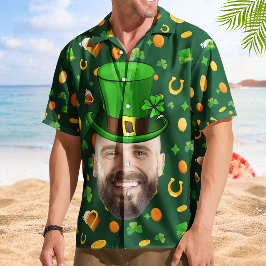 Funny Happy Custom Face Photo St Patrick's Hawaiian Shirt For Summer Vacation And Beach Travel