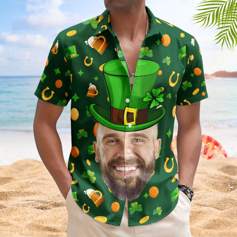 Funny Happy Custom Face Photo St Patrick's Hawaiian Shirt For Summer Vacation And Beach Travel