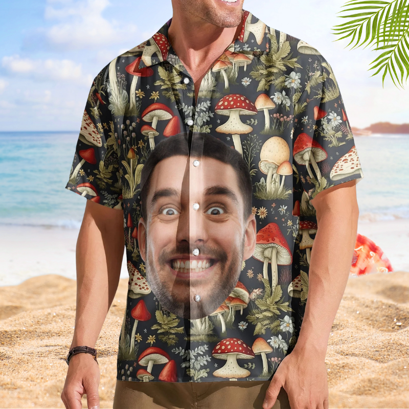 Funny Magical Custom Face Photo Mushrooms Hawaiian Shirt For Summer Vacation And Beach Travel
