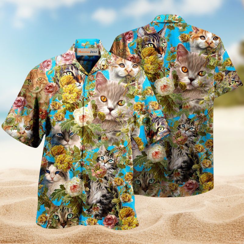 Floral Cute Cats Hawaiian Shirt For Beach Days, Summer Outings, And Thoughtful Gift Giving