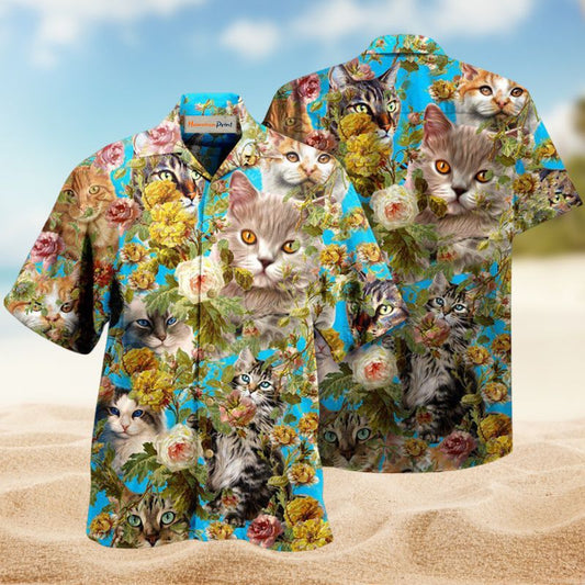Floral Cute Cats Hawaiian Shirt For Beach Days, Summer Outings, And Thoughtful Gift Giving