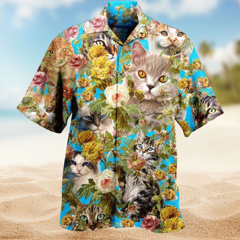 Floral Cute Cats Hawaiian Shirt For Beach Days, Summer Outings, And Thoughtful Gift Giving
