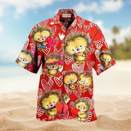 Cute Hedgehog On Valentine's Day Hawaiian Shirt For Summer Vacation Beach Travel And Relaxed Casual Wear