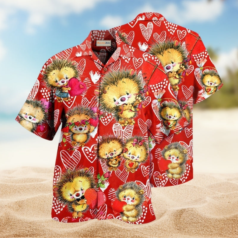 Cute Hedgehog On Valentine's Day Hawaiian Shirt For Summer Vacation Beach Travel And Relaxed Casual Wear