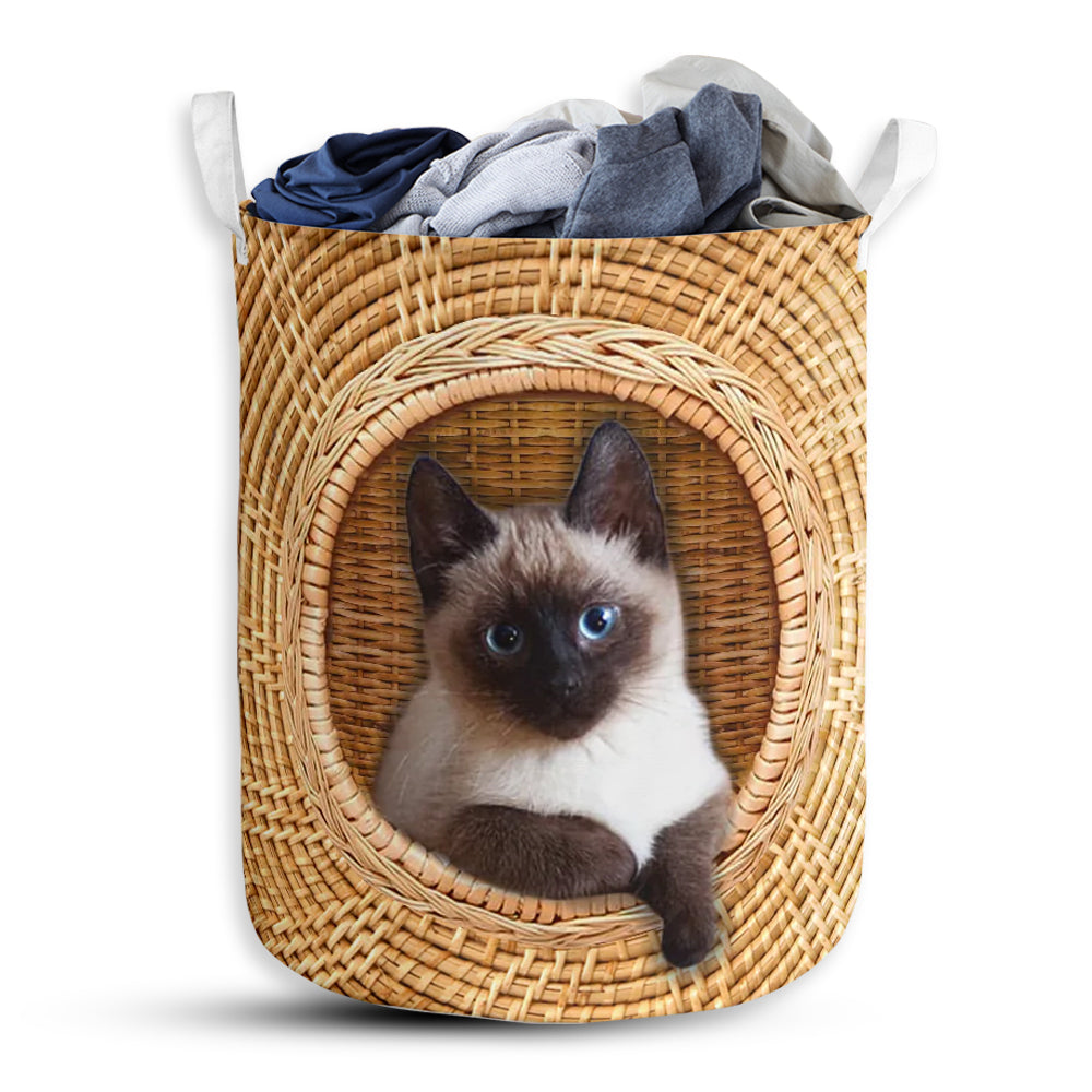 Cat Cute Siamese Cat Bamboo Wave Laundry Basket For Bathroom Bedroom Storage