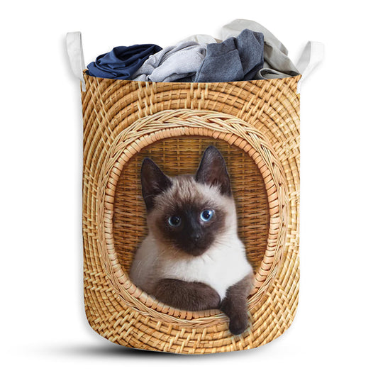 Cat Cute Siamese Cat Bamboo Wave Laundry Basket For Bathroom Bedroom Storage