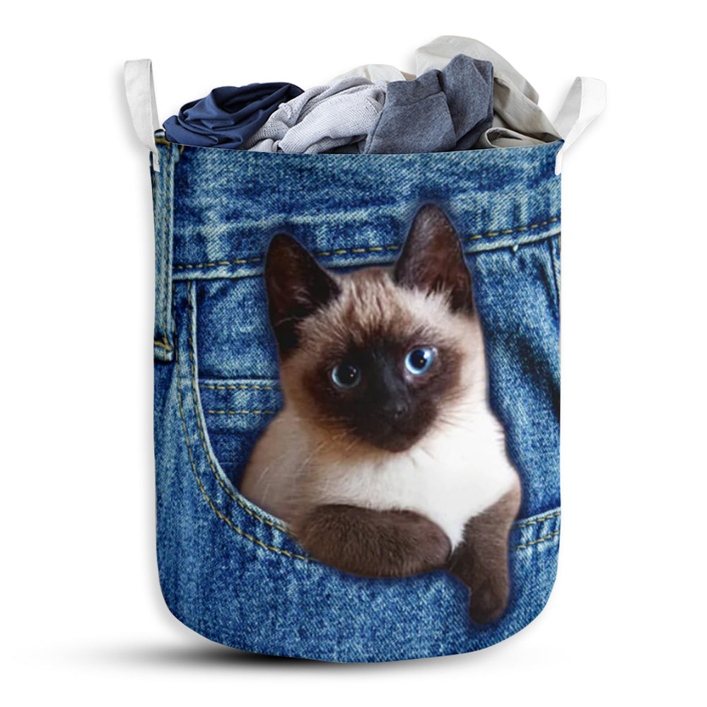 Cat Cute Siamese Cat Jean Pocket Laundry Basket For Bathroom Bedroom Storage
