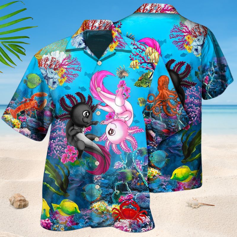 Cute Axolotl Blue Sea Hawaiian Shirt For Island Vacations, Resort Wear, And Relaxed Seasonal Style