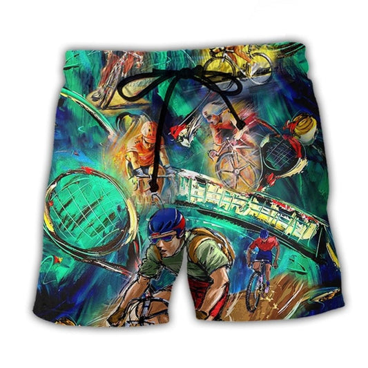 Cycling And Tennis Abstract Painting Lover Beach Shorts Artwork View For Seaside Trips And Casual Style