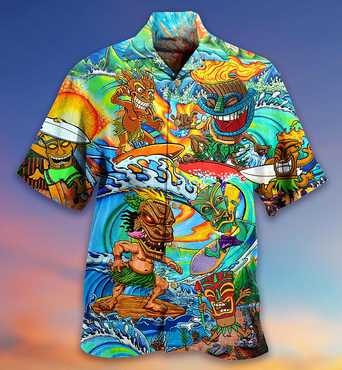 Tiki Aloha Surfing Sunset Hawaiian Shirt Artwork View For Coastal Escapes And Resort Style