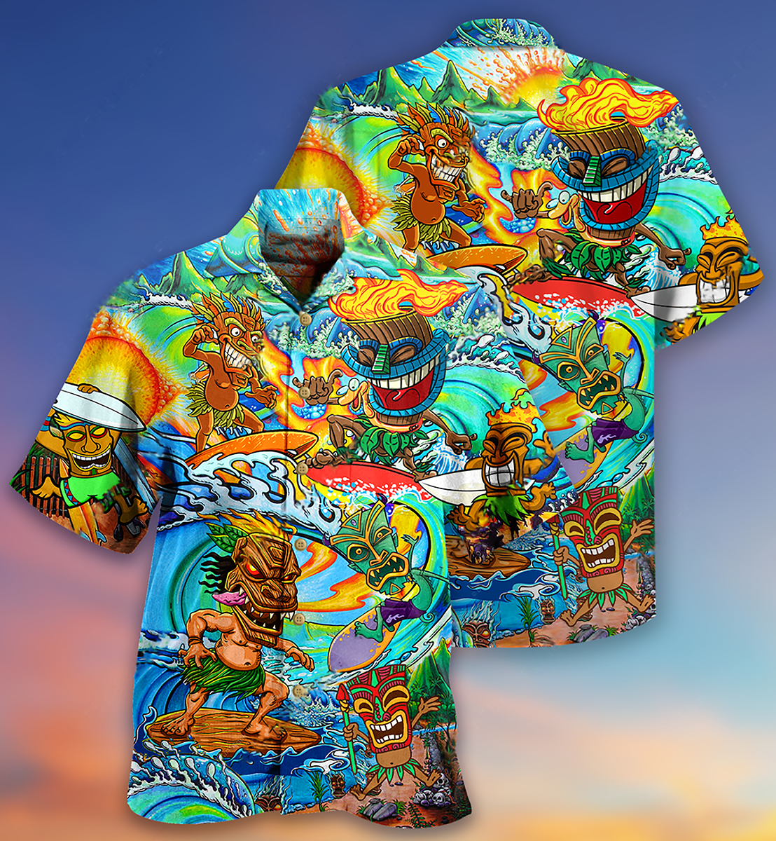 Tiki Aloha Surfing Sunset Hawaiian Shirt Design Detail For Beach Days And Holiday Travel
