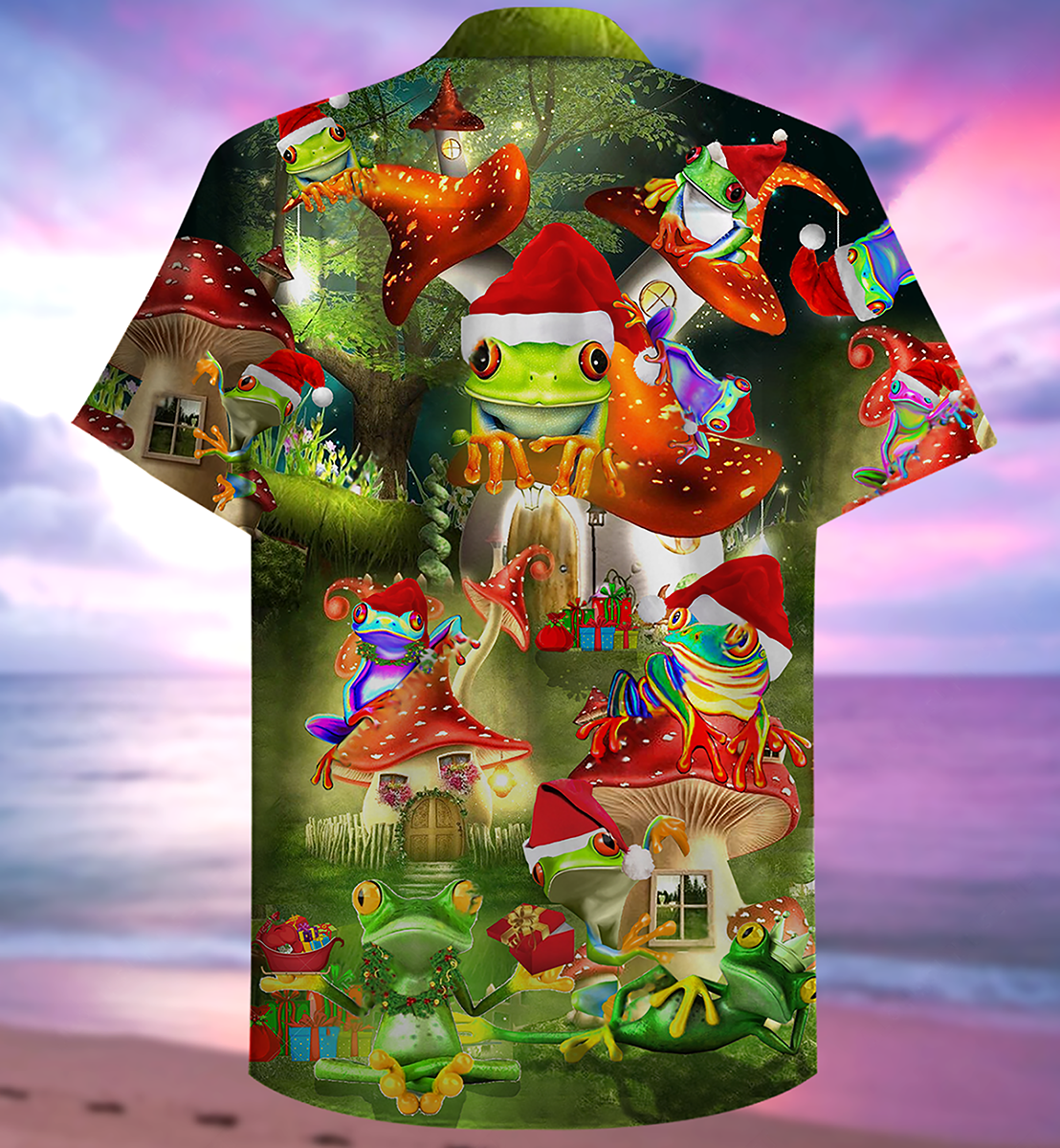 Frog Christmas Hawaiian Shirt Artwork Detail For Tropical Trips And Casual Outings