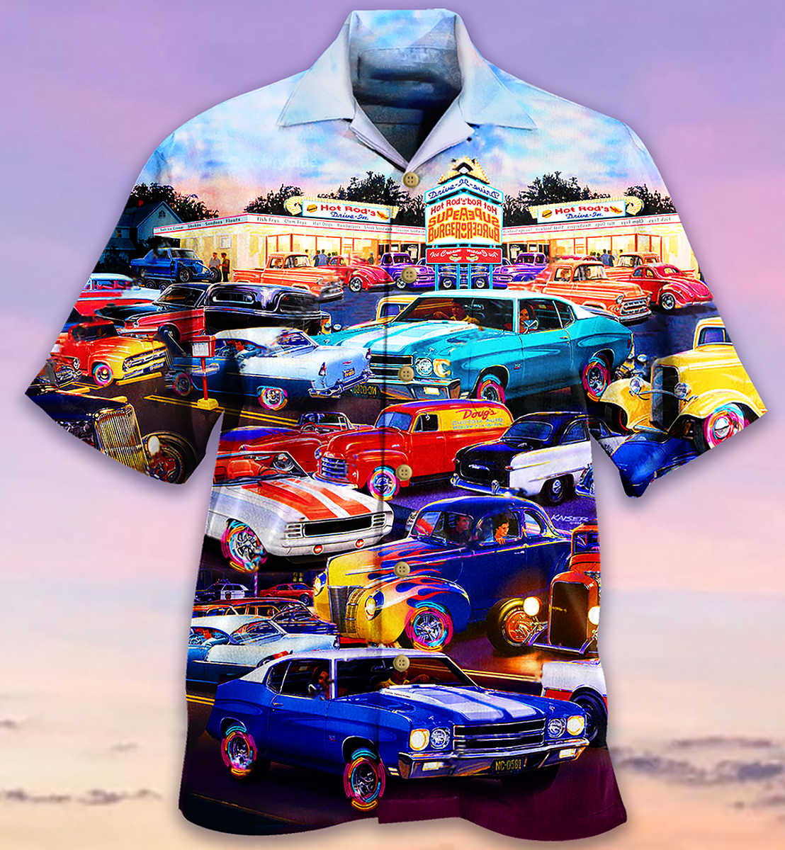 Classic Car Hawaiian Shirt With All Over Print For Vacation Getaways Resort Wear And Casual Celebrations