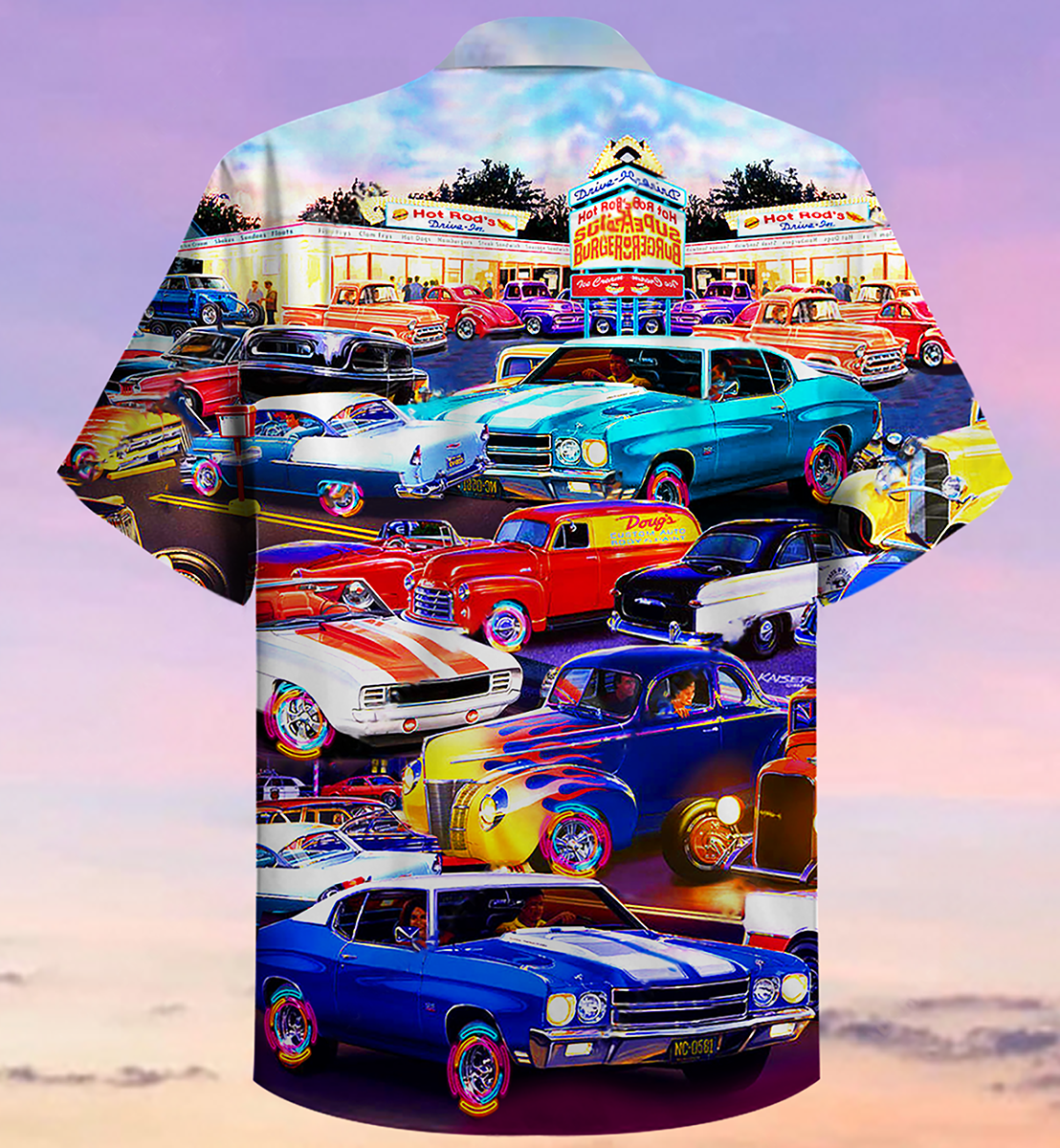 Classic Car Hawaiian Shirt With Detailed Graphic For Vacation Getaways Resort Wear And Casual Celebrations