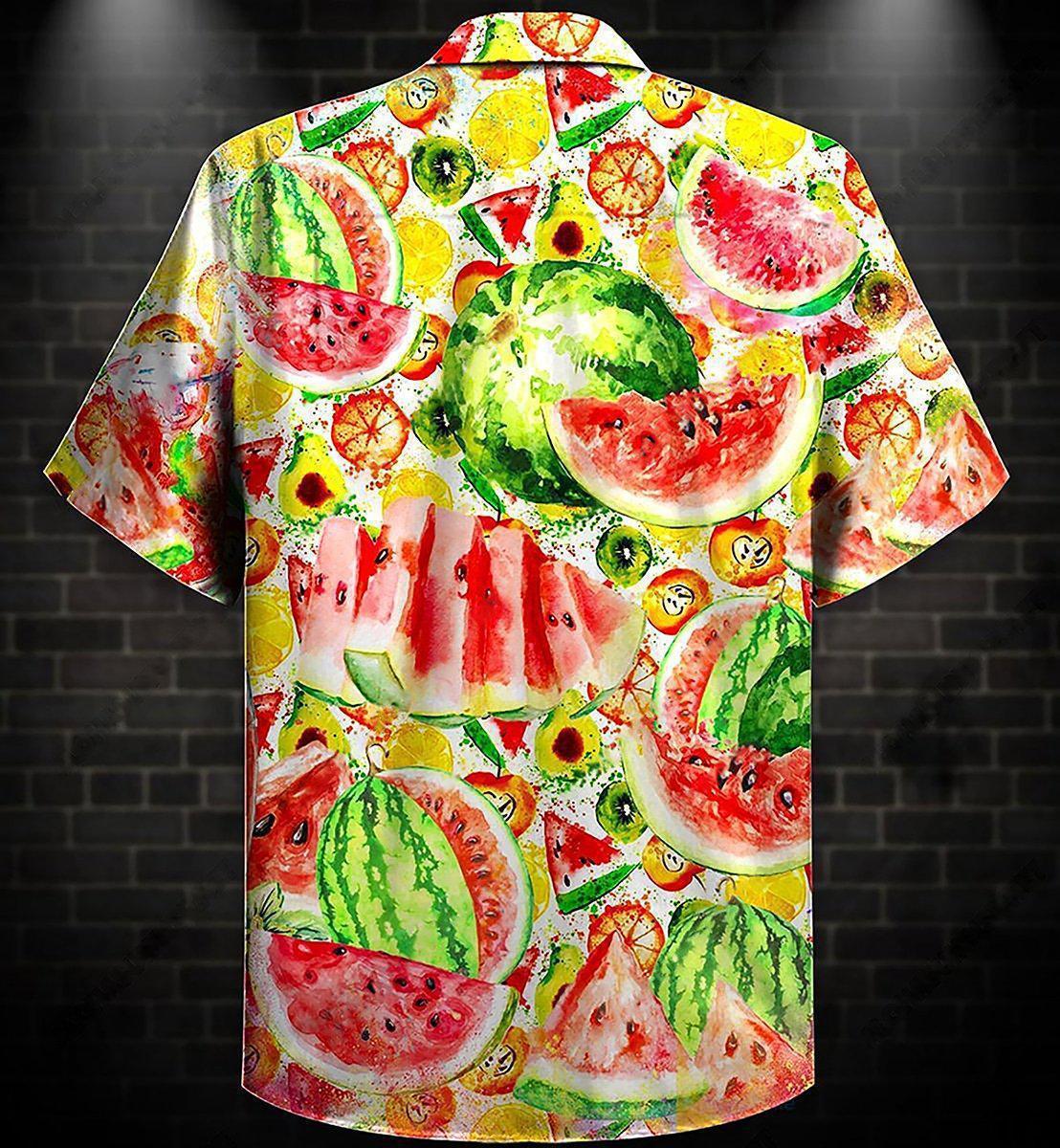 Summer Tropical Fruit And Watermelon Hawaiian Shirt With Detailed Graphic For Beach Getaways Resort Outings And Thoughtful