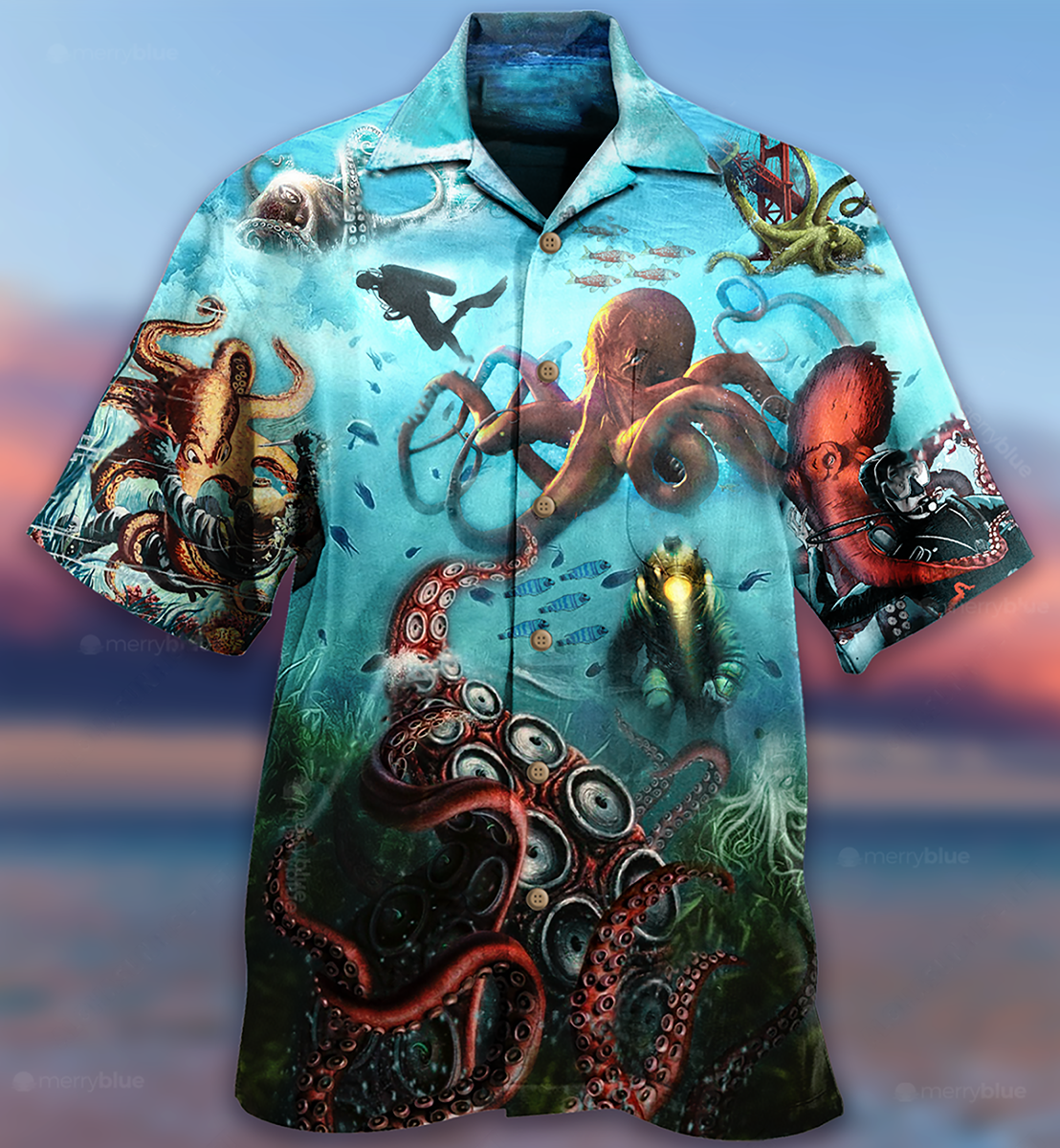 Octopus Giant Diver Hawaiian Shirt Design Detail For Beach Days And Holiday Travel