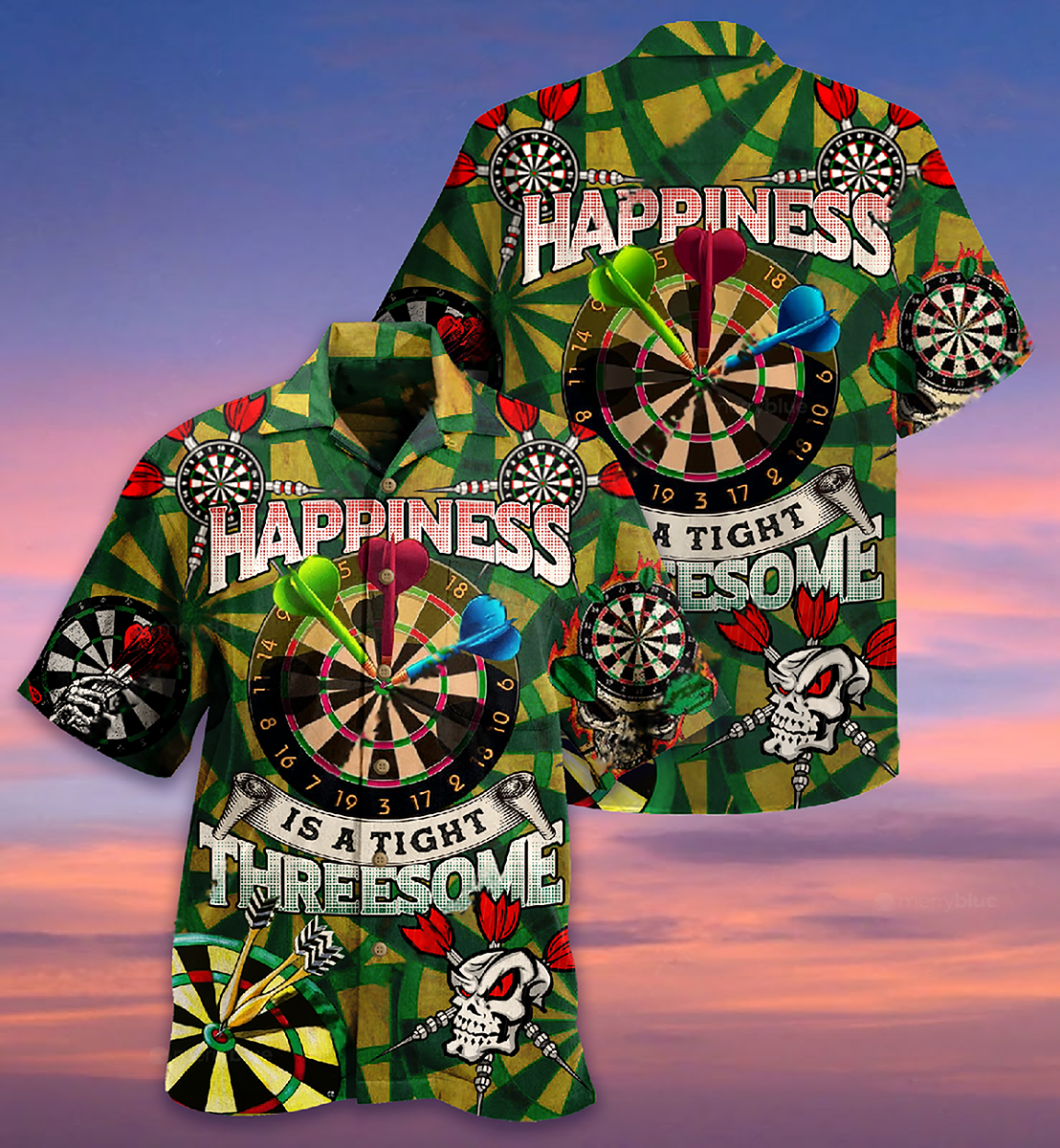 Vintage Green Darts Happiness Hawaiian Shirt Artwork Detail For Resort Trips And Outdoor Activities