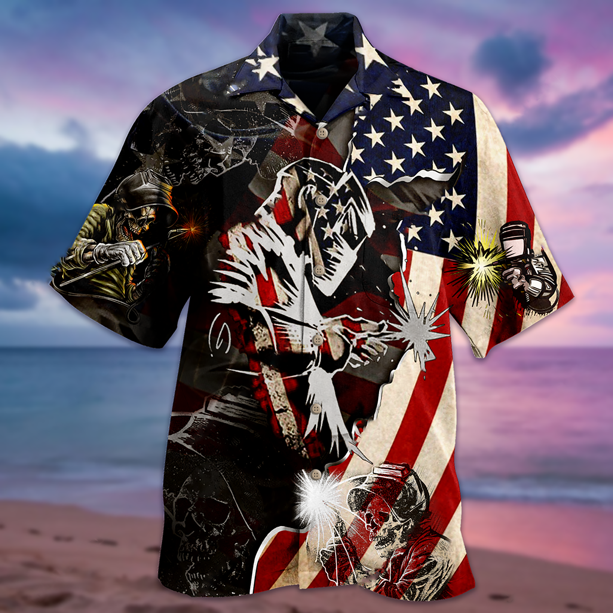 Patriotic Welder Hawaiian Shirt Design View For Casual Summer Styling