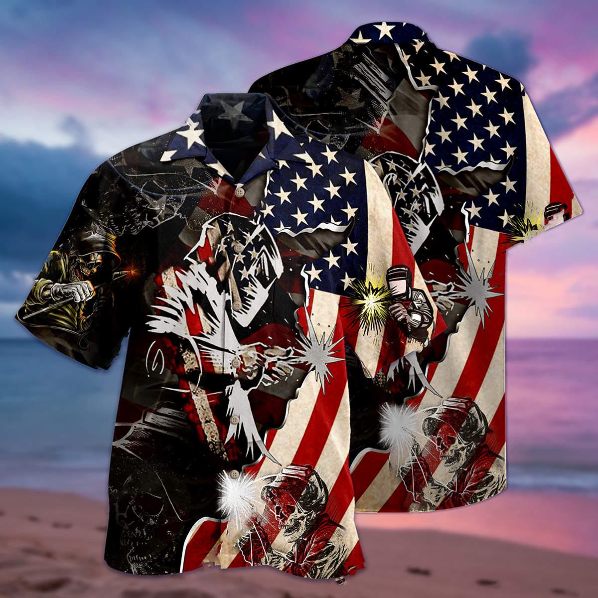 Patriotic Welder Hawaiian Shirt Pattern Detail For Vacation Travel And Daily Wear