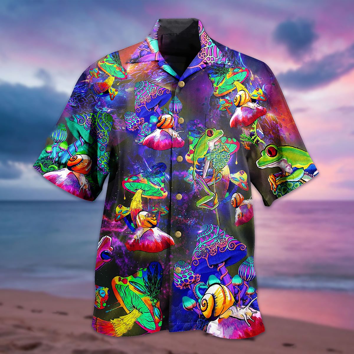 Frog Galaxy Mushroom Fantasy Hawaiian Shirt Design View For Casual Summer Styling