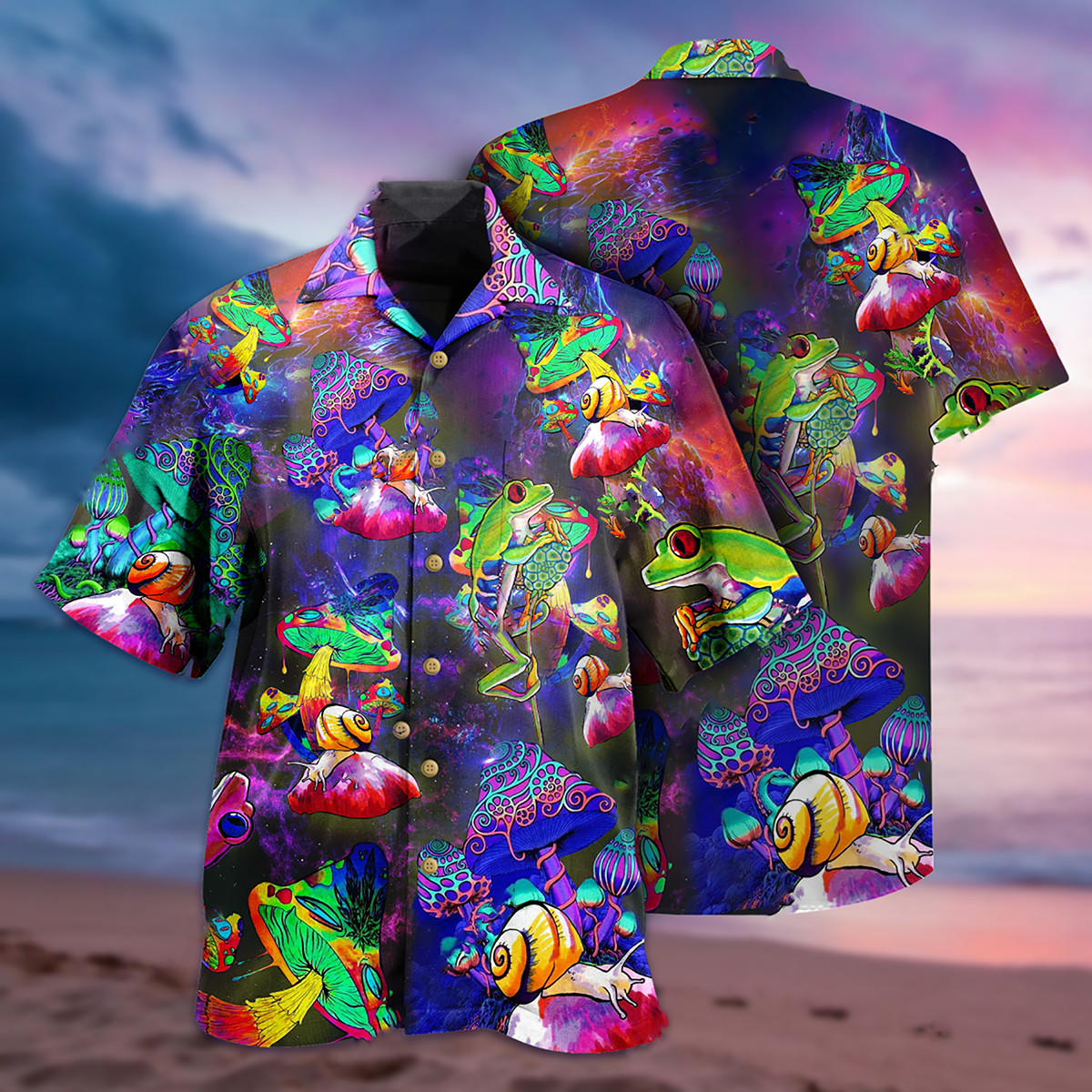 Frog Galaxy Mushroom Fantasy Hawaiian Shirt Pattern Detail For Vacation Travel And Daily Wear