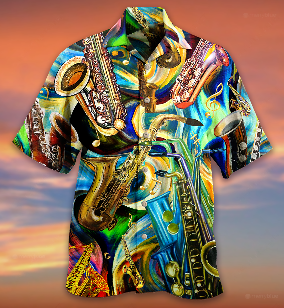 Saxophone Hawaiian Shirt With All Over Print For Tropical Getaways Outdoor Fun And Everyday Wear