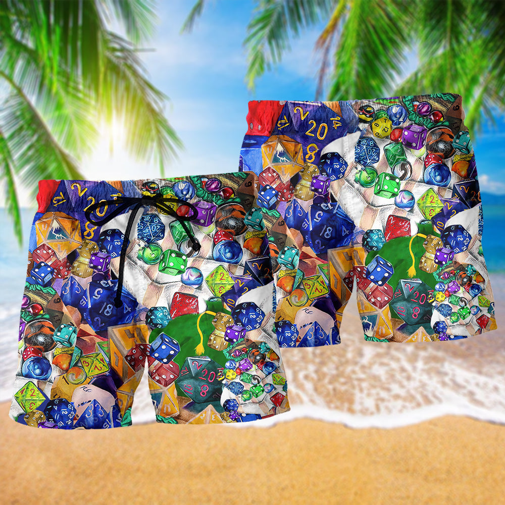 D20 Dice Always Examine Roll Beach Shorts Artwork Detail For Casual Warm Weather Outfits