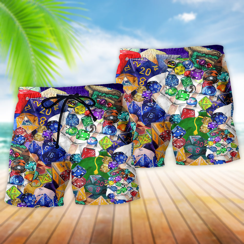 D20 Dice Wisdom Fantasy Beach Shorts Artwork Detail For Comfortable Everyday Summer Wear