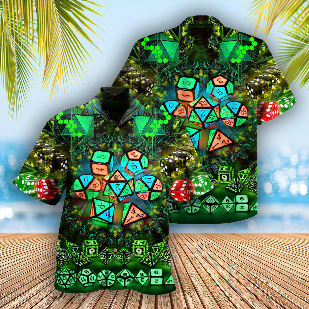 Glowing Kaleidoscope Tabletop Dice Hawaiian Shirt Artwork Detail For Tropical Trips And Casual Outings