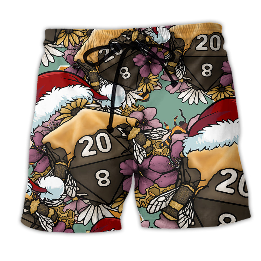 D20 Honey Bee Dice Christmas Vibe Beach Shorts Print Detail For Festive Outdoor Gatherings