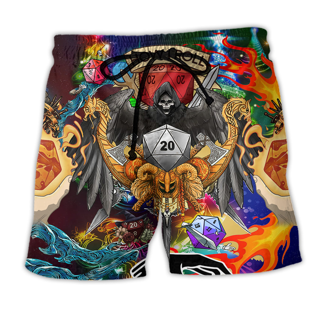 D20 Skull Christmas Dice Beach Shorts For Summer Vacation And Coastal Travel