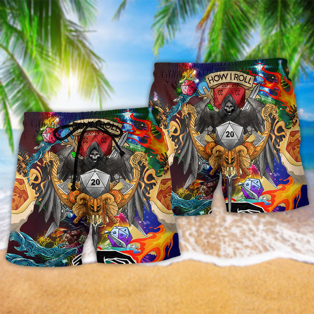 Christmas Colorful Fantasy Dice Skull Beach Shorts Pattern Detail For Resort Wear And Everyday Comfort