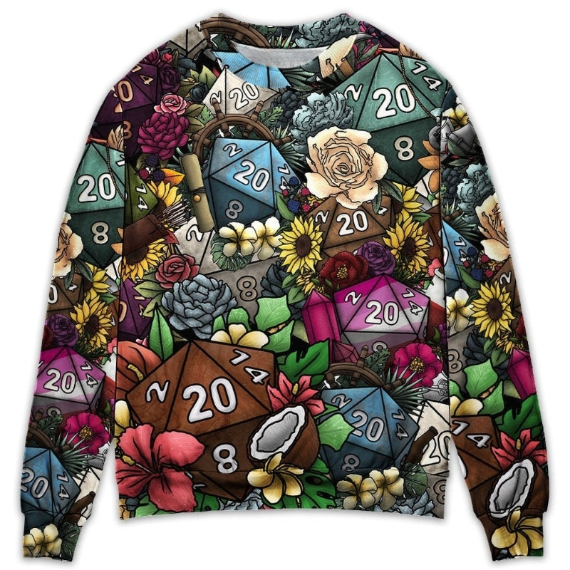 D20 Dice Floral Hippie Fantasy Sweater For Colorful Outfits Weekend Events And Thoughtful Gift Giving