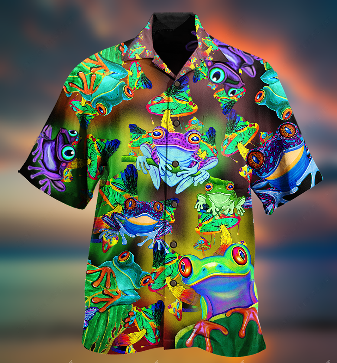 Funny Frog Mushrooms Hawaiian Shirt Design Detail For Sunny Adventures And Casual Wear