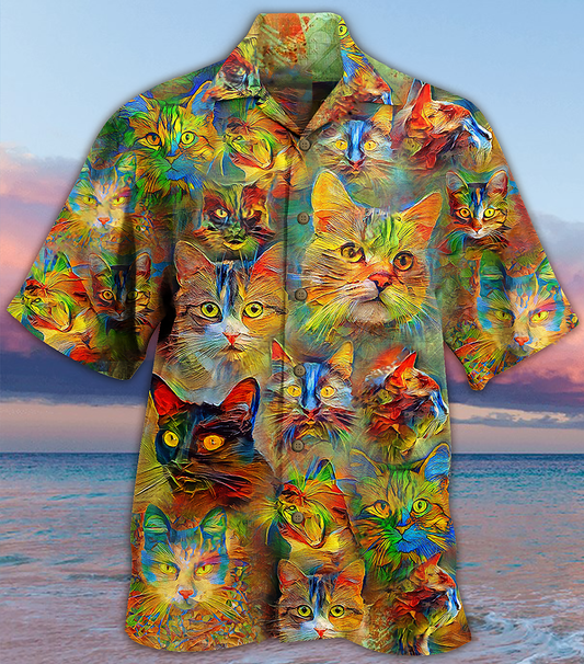 Colorful Watercolor Cat Beautiful Hawaiian Shirt Pattern View For Lightweight Everyday Style