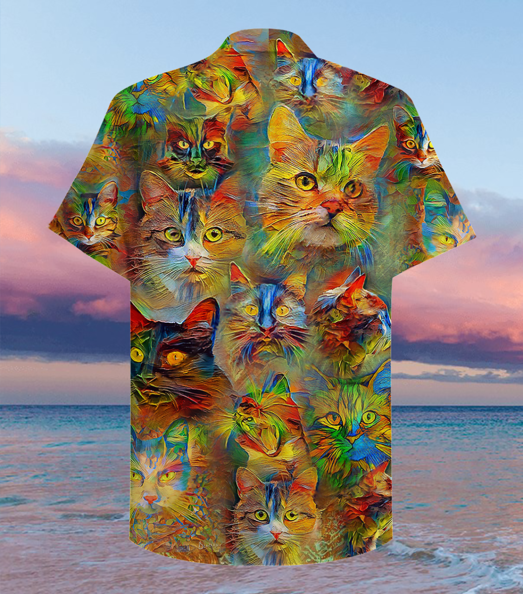 Colorful Watercolor Cat Beautiful Hawaiian Shirt Artwork Detail For Tropical Trips And Casual Outings