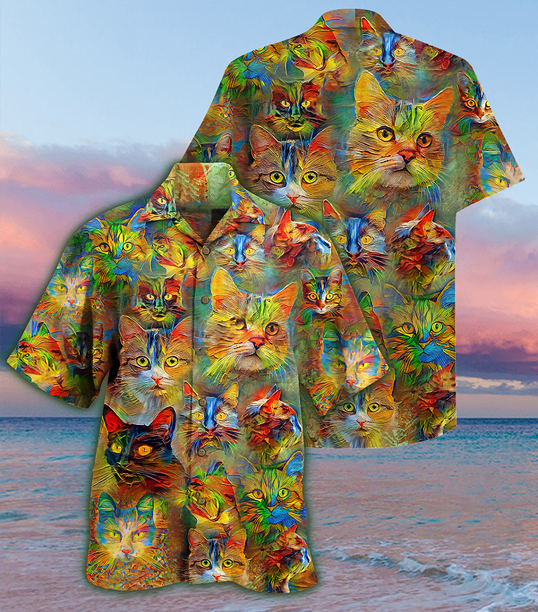Colorful Watercolor Cat Beautiful Hawaiian Shirt For Coastal Adventures And Warm Weather Wear