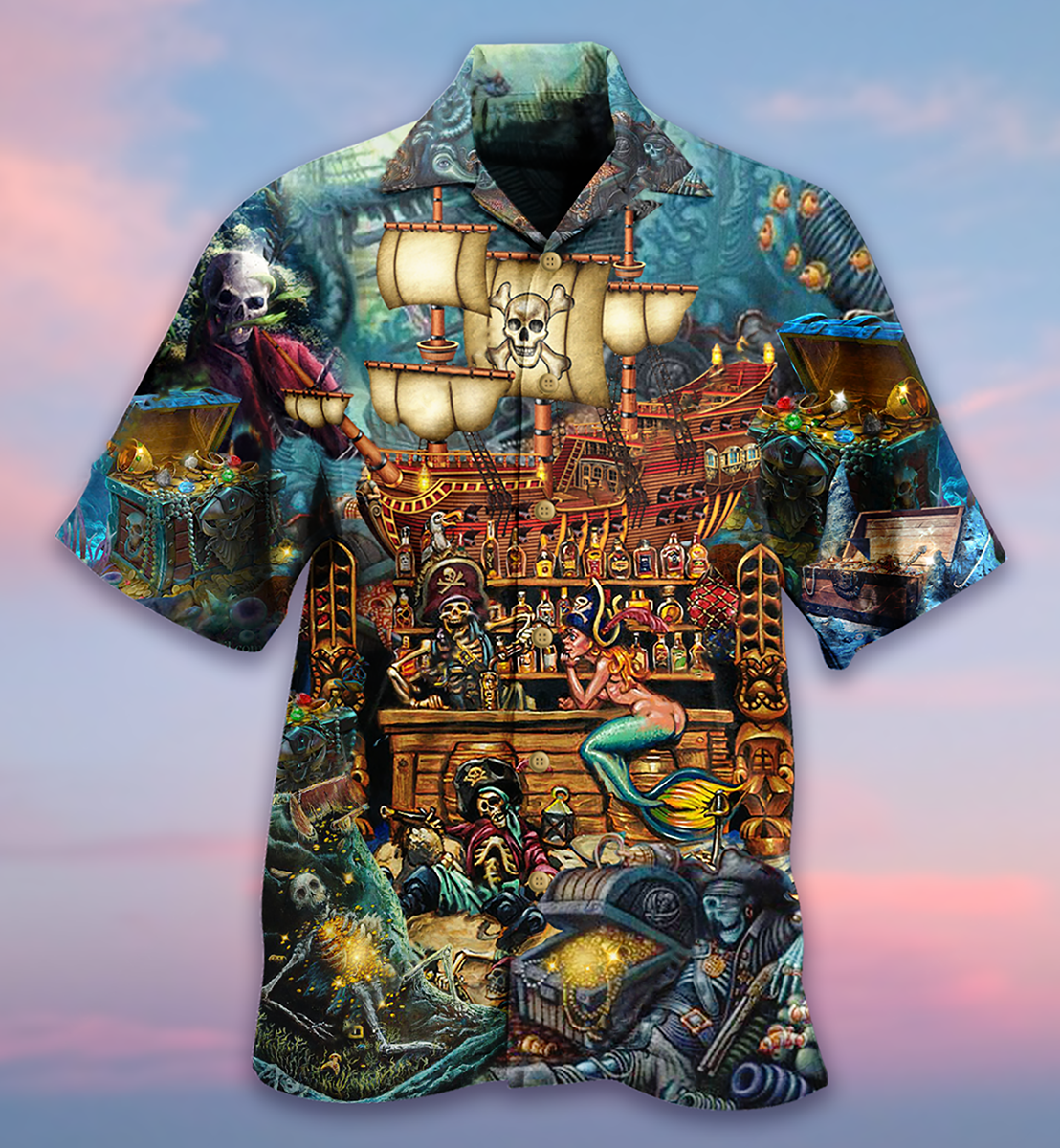 Skull Pirate Treasure Night At Sea Limited Edition – Hawaiian Shirt