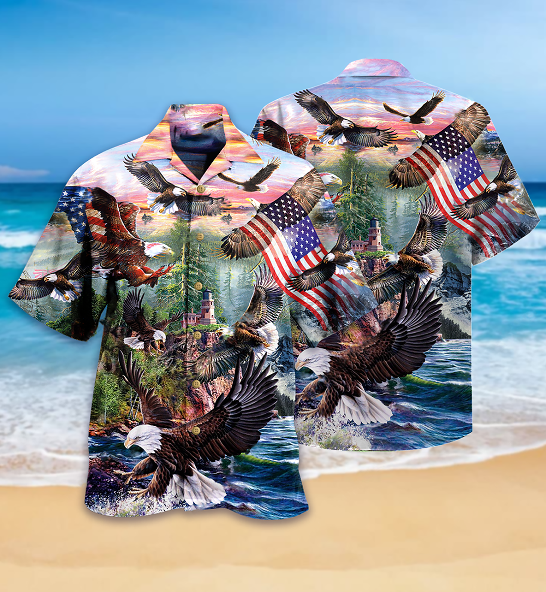 Patriotic Eagle Hawaiian Shirt With Detailed Graphic For Island Holidays Summer Parties And Casual Outdoor Wear