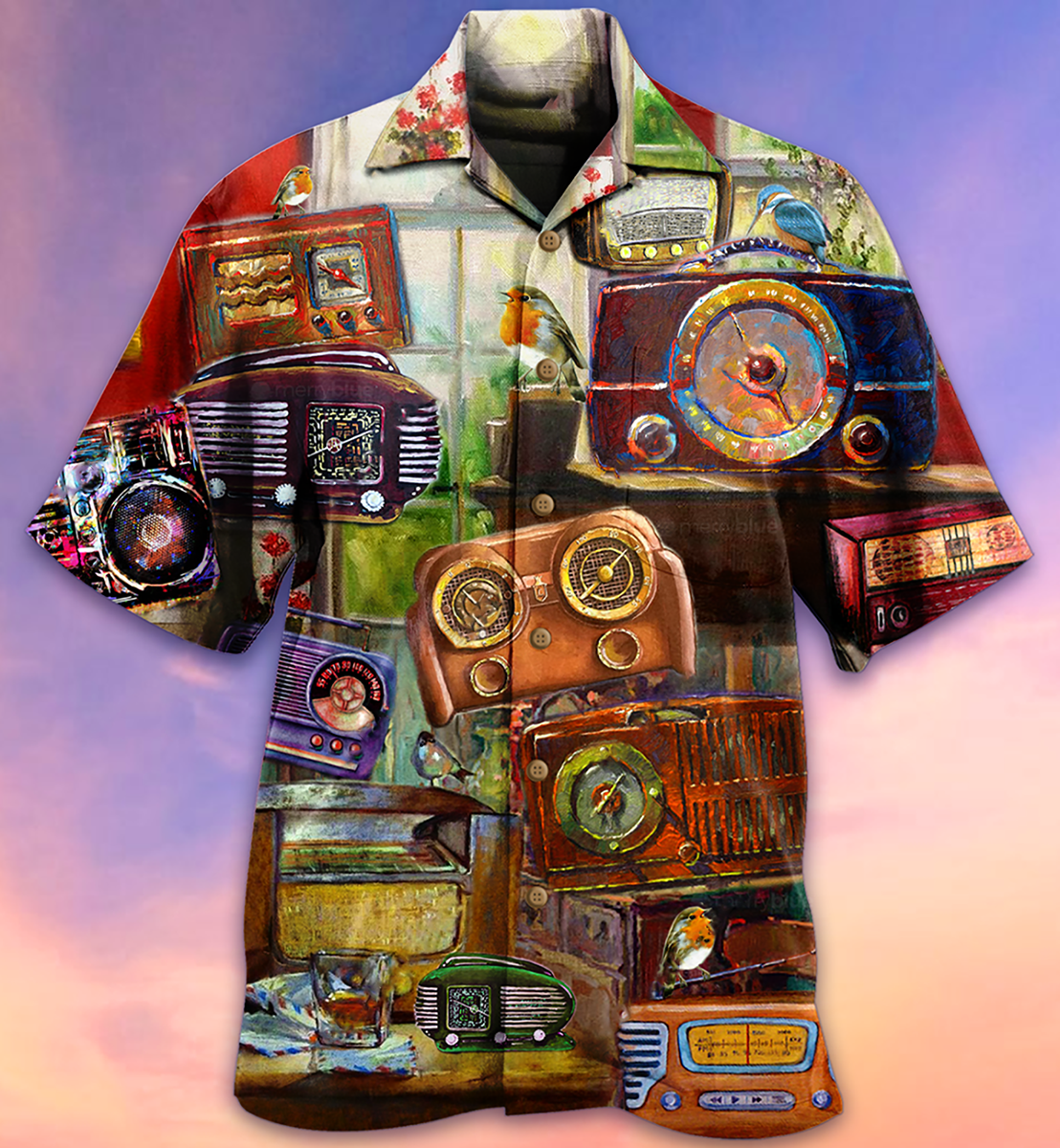 Vintage Radio Hawaiian Shirt With All Over Print For Tropical Parties Vacation Travel And Casual Summer Style